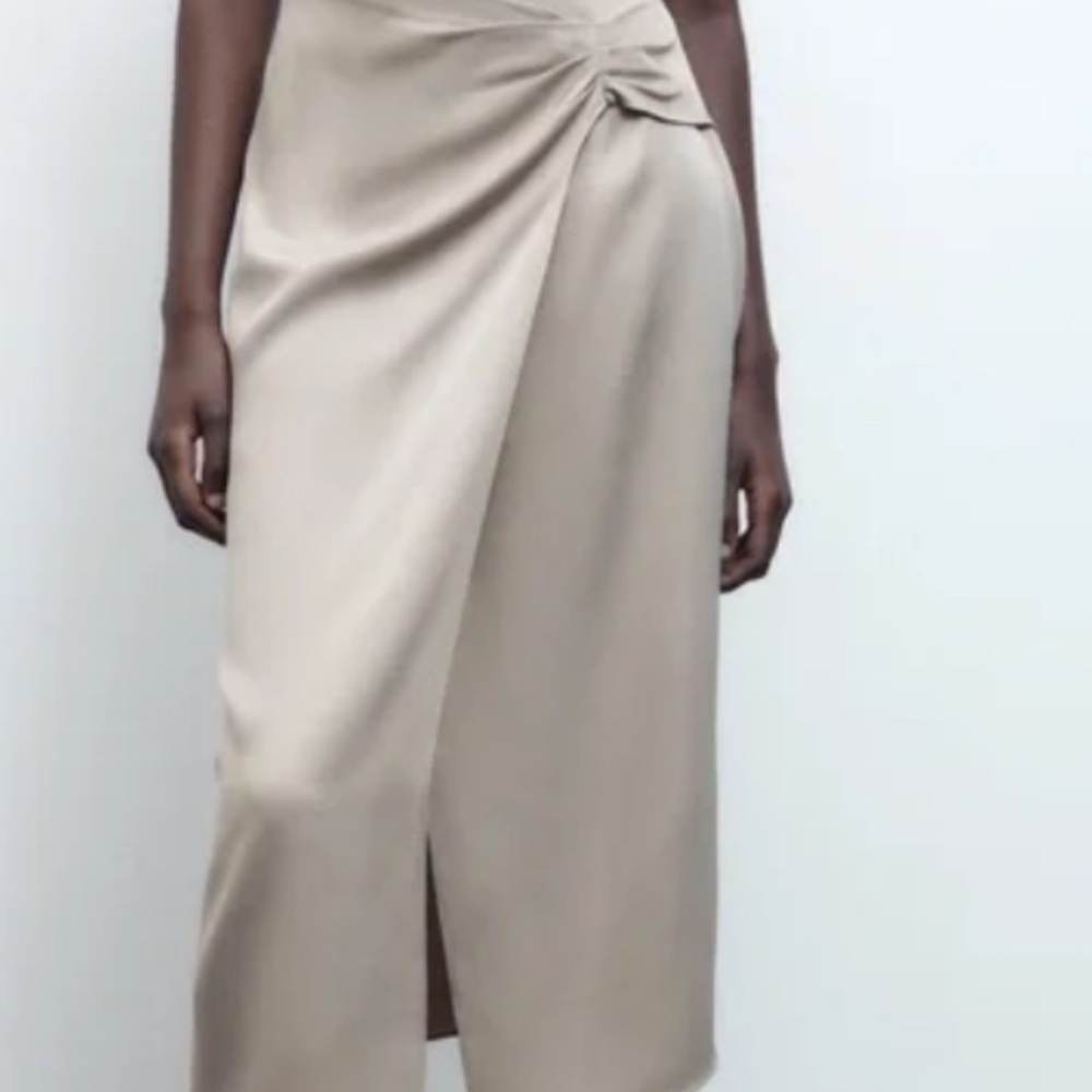 Zara Champagne Satin Ruched Midi Skirt